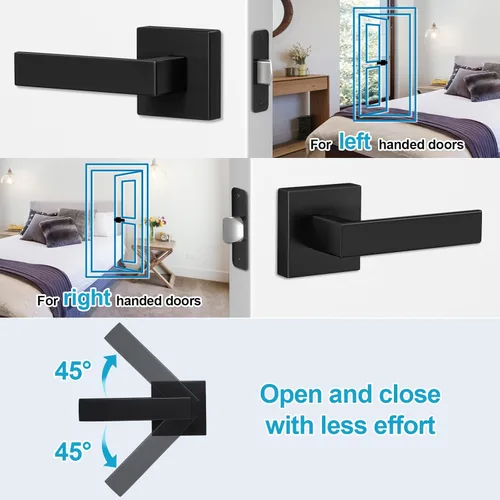 Miniatura 3 de Estmoon Paquete de 2 palancas de puerta de paso, pomos de puerta negros mate, manijas de puerta cuadradas para interiores, palancas resistentes sin