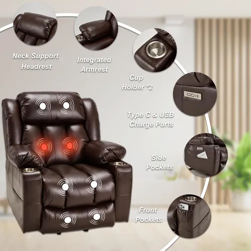 Miniatura 3 de Silla reclinable grande de cuero para personas mayores con función de masaje y calefacción, silla convertible Lazy Boy con portavasos, puertos USB