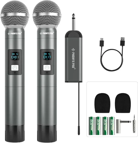 Phenyx Pro Sistema de micrófono inalámbrico digital dual, con 2 micrófonos dinámicos de mano, 15 grupos de frecuencia UHF, mini receptor, micrófono