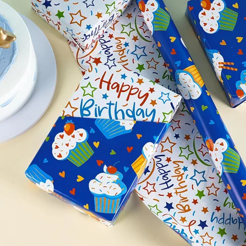 Miniatura 4 de RUSPEPA Rollo de papel de regalo reversible de cumpleaños, mini rollo, diseño de cupcake azul y texto colorido feliz con estrellas, colorido