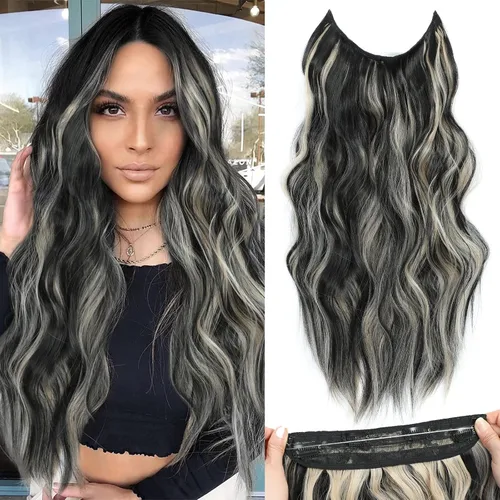 Miniatura 9 de Extensiones de cabello con halo de 12 pulgadas con alambre invisible, cabello largo ondulado ajustable, sintético, mejora con 4 clips de seguridad