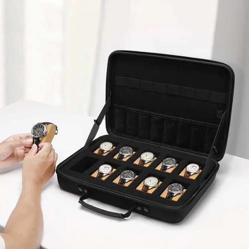Miniatura 3 de MOSISO Caja de reloj, 10 ranuras para relojes, organizador de exhibición de relojes para hombres, organizador de caja de reloj portátil con asa