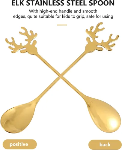Miniatura 6 de 2 cucharas de reno de acero inoxidable, cucharaditas con forma de cabeza de ciervo de Navidad, cuchara de café de postre, cuchara de té creativa