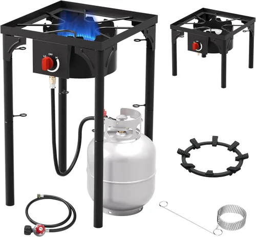 Quemador de propano, estufa de gas individual de alta presión de 75,000 BTU con regulador ajustable de 0-20 PSI, estufa de camping con 8 patas