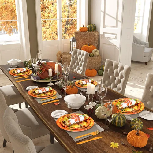 Miniatura 7 de Bokon 240 platos y servilletas de papel de Acción de Gracias, hojas de arce, calabaza, decoraciones de fiesta, otoño, desechables, incluye platos