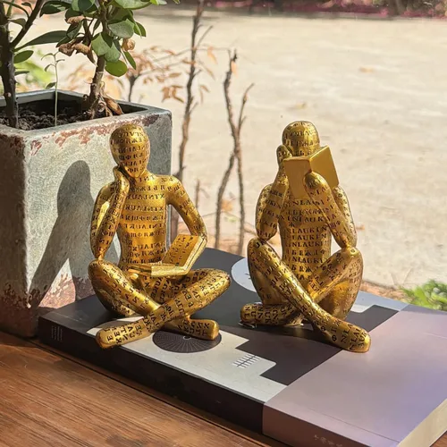 Miniatura 7 de Estatua de Pensador de Lectura Dorado Antiguo, Juego de 2 Decoración de Estantería Arte Abstracto Esculturas de Pensador, Figurilla Estética Moderna