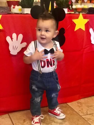 Miniatura 43 de Conjunto de ropa de cumpleaños para bebé niño pequeño, con tirantes, pantalones de mezclilla rasgados