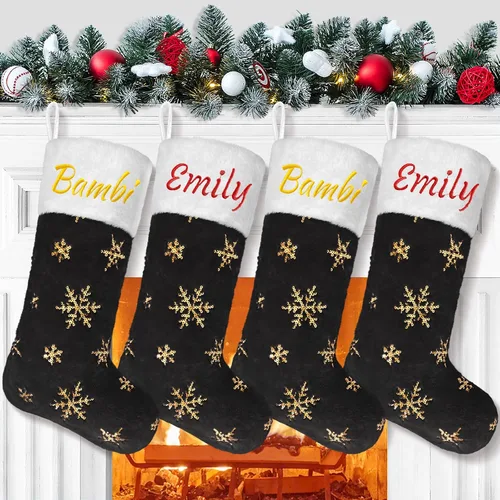 Miniatura 2 de Calcetines negros de piel sintética de Navidad, 1 paquete grande de 22 pulgadas, medias colgantes de felpa negra con nombre personalizado con copos
