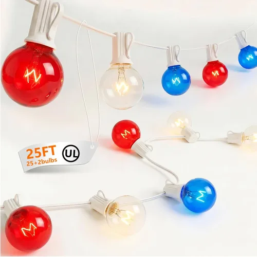 Luces G40 de 25 pies, color rojo, blanco y azul, 4 de julio, tira de luces para exteriores con 27 bombillas G40 inastillables (2 de repuesto), Día