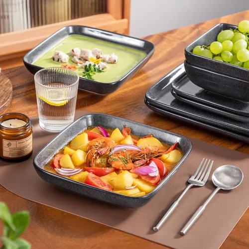 Miniatura 7 de vancasso Stern Gray - Juego de vajilla de 16 piezas de cerámica de cocina con esmalte reactivo cuadrado, juego de vajilla de piedra con plato de Gris