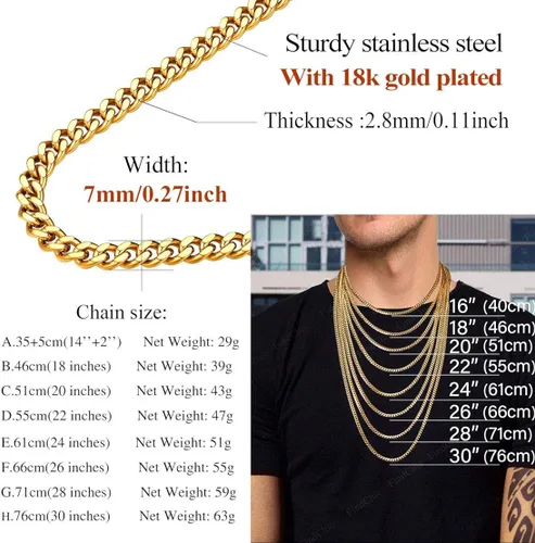 Miniatura 5 de FindChic - Collar con cadena para hombre chapado en oro de 18 quilates acero inoxidable doble apretado eslabones cubanos para hombres y niños