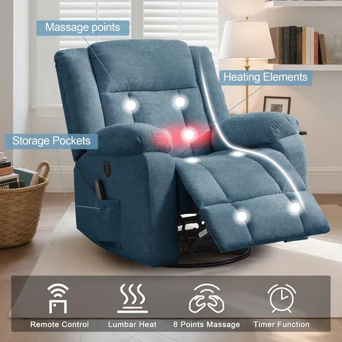 Miniatura 4 de Korser Mecedora reclinable, sillas reclinables deslizantes para adultos, silla mecedora giratoria de 360° con masaje y calefacción, silla