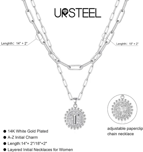Miniatura 5 de Gargantilla en capas para mujer, chapada en oro de 14 quilates, cadena fina de eslabones, collar sencillo, ajustable, con dije de moneda con letra