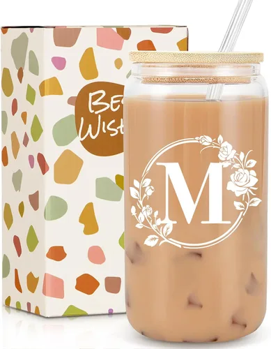 Miniatura 20 de Regalos de cumpleaños para mujeres, taza de vidrio personalizada con monograma de iniciales para mujeres, tazas de vidrio de 16oz con tapas