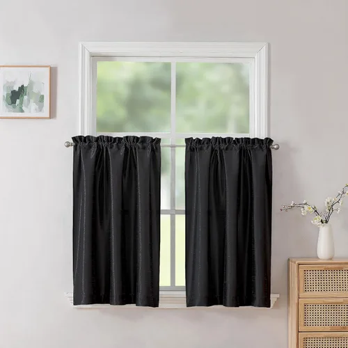 Chyhomenyc Uptown - Cortinas negras de 24 pulgadas de largo, 2 paneles, cortinas cortas de seda sintética para oscurecer la habitación, cortinas
