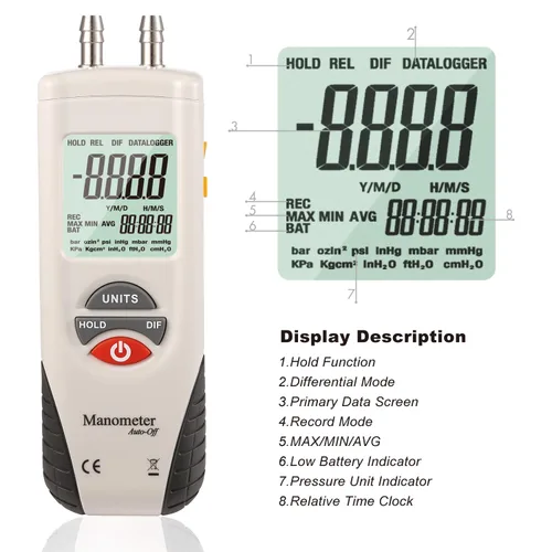 Miniatura 6 de Manómetro digital, medidor de presión de aire de doble puerto, medidor de presión, medidor de gas HVAC, manómetro de presión diferencial con puerto