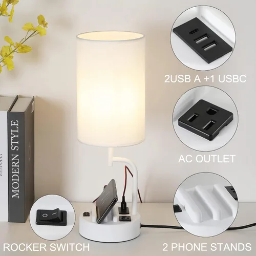 Miniatura 2 de Dreamholder - 2 lámparas de mesa con 3 puertos de carga USB, moderna lámpara de escritorio con toma de corriente alterna y soportes para teléfono