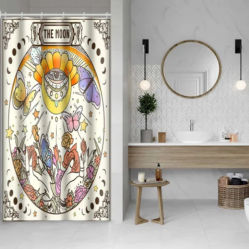 Miniatura 7 de YLOKTP0330 - Cortina de ducha de tarot, 36 x 72 pulgadas, diseño floral retro de ojo malvado, cortinas de baño, sol, luna, estrella, ouija, manos