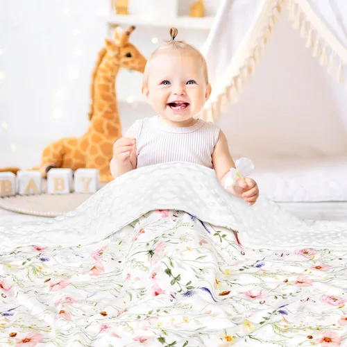 Miniatura 7 de Manta súper suave de Minky para niños pequeños, 30 x 40 pulgadas, doble capa, respaldo punteado, manta floral para cuna de bebé para guardería