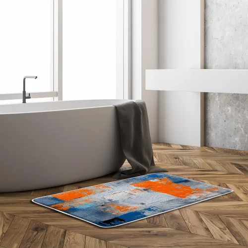 Miniatura 2 de Tapete de baño azul, gris y naranja, azul quemado, naranja y gris, pintura abstracta de pinceladas, arte moderno, decoración de baño, tapete