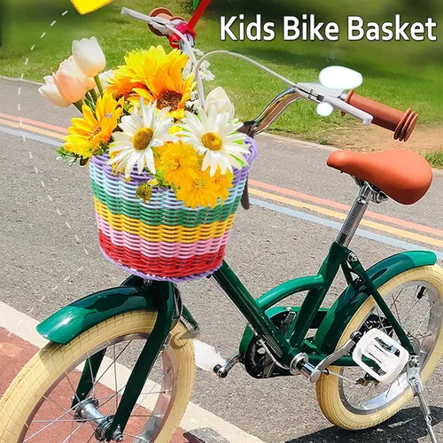 Miniatura 3 de Cesta de bicicleta para niñas, cesta de bicicleta ajustable para manillar delantero con serpentinas de bicicleta, juego de campana/molino de viento