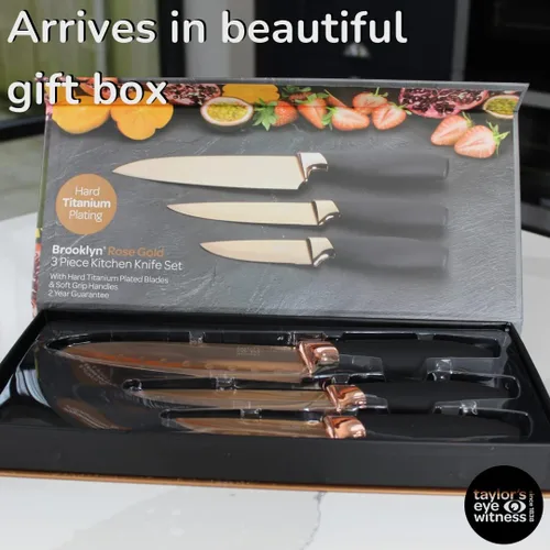 Miniatura 4 de Juego de 3 cuchillos de cocina de regalo - Brooklyn por Taylors Eye Witness. Refuerzos de color oro rosa, hojas afiladas como navajas finamente