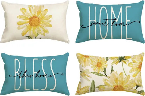Miniatura 22 de AVOIN colorlife Home Sweet Home - Juego de 4 fundas de almohada amarillas para primavera y verano, 16 x 16 pulgadas, funda de cojín azul para sofá