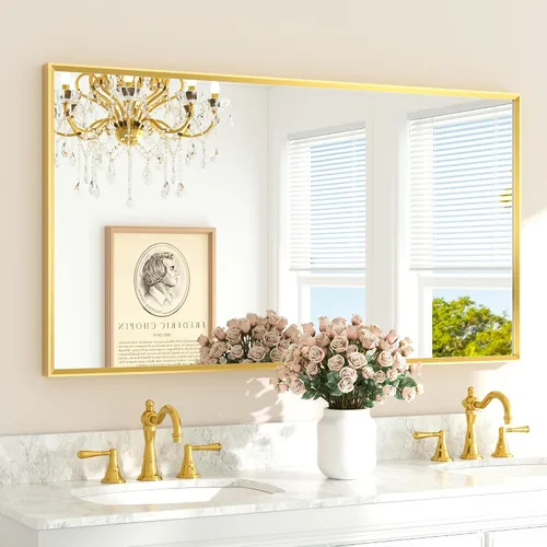 Miniatura 38 de TETOTE Espejo de Baño Dorado de 16" x 20" Latón Dorado Cepillado Rectangular con Marco Biselado Espejo de Tocador de Baño para Sobre el Lavabo
