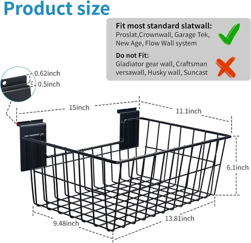 Miniatura 4 de Cestas de Slatwall de 15 pulgadas de ancho resistentes con listones de alambre de acero para colgar en la pared, accesorio versátil para venta al