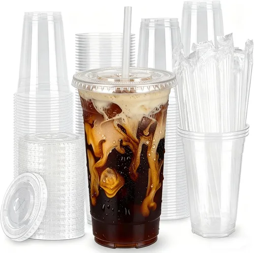 Miniatura 8 de Paquete de 100 vasos de plástico transparente de 16 onzas con tapas y pajitas, vasos desechables para café helado, a prueba de fugas, vasos de PET