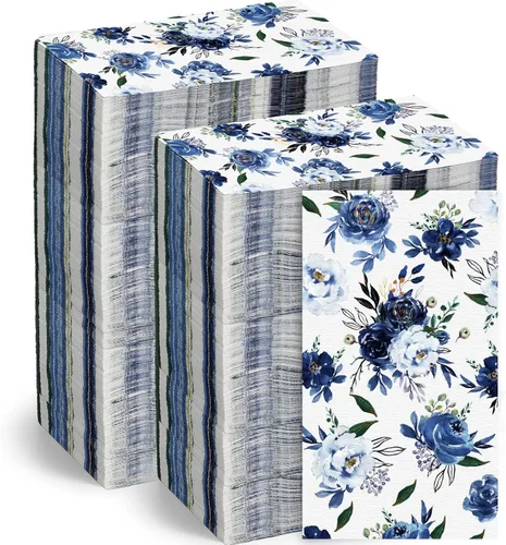 Servilletas florales desechables con flores, toallas de mano decorativas para baño, boda, cumpleaños, baby shower, mesa de cocina (azul marino, 100