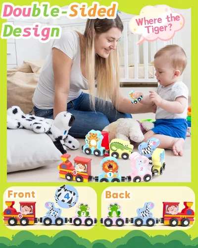 Miniatura 3 de Juego de 11 piezas de tren magnético Montessori para niños pequeños, niños y niñas, animales de madera, actividades de aprendizaje preescolar
