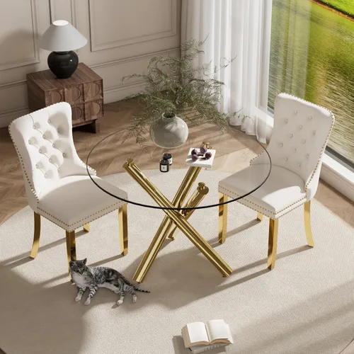 Miniatura 3 de Juego pequeño de mesa redonda con tapa de vidrio transparente para 2, 36'' Juego moderno de lujo para cenas circulares, 3 piezas Juego minimalista