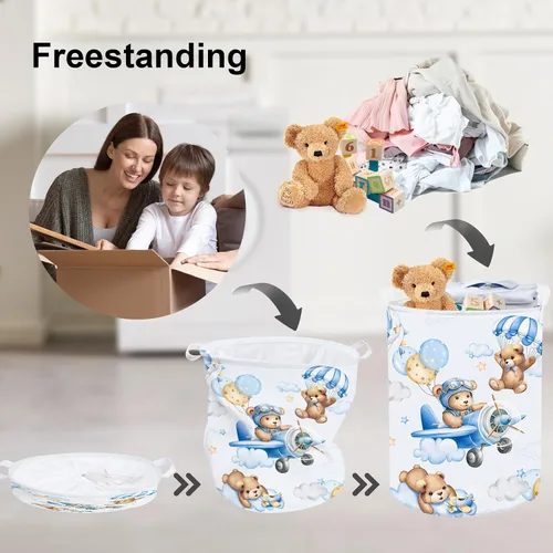 Miniatura 3 de Clastyle Cesta grande de 45 L con asa plegable para almacenamiento de juguetes con tapa para guardería y niños, con diseño de oso azul