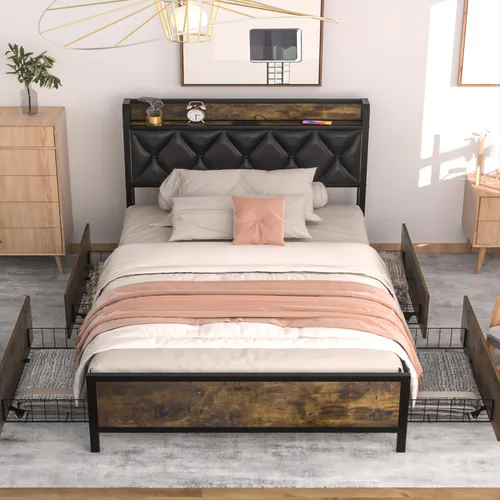 GAZHOME Base de cama matrimonial con 4 cajones de almacenamiento y estación de carga, cabecera tapizada de tamaño matrimonial, no necesita somier,