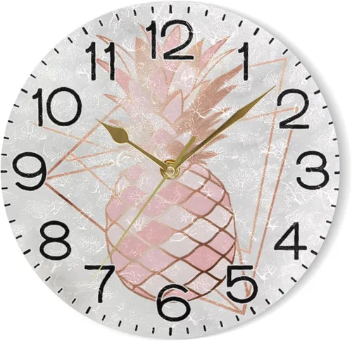Miniatura 7 de ALAZA Reloj de pared de piña en oro rosa sobre mármol rosa y blanco, funciona con pilas, sin tictac, silencioso, cuarzo analógico, rústico