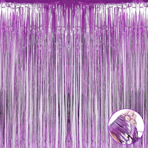 Paquete de 4 Cortinas de Flecos de Papel Metalizado Morado Claro de Fondo, 3.28 Pies x 9.84 Pies Cortinas de Serpentinas Metálicas de Oropel para
