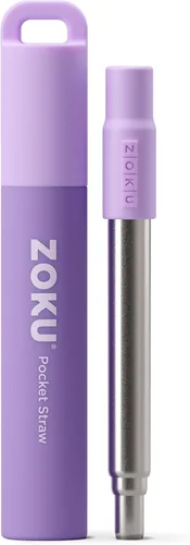 ZOKU Popote de metal reutilizable con estuche para viajes, color morado, popote plegable de acero inoxidable con punta de silicona y cepillo Púrpura