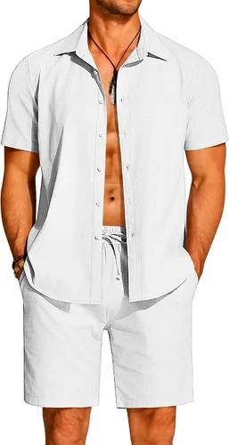 Miniatura 21 de COOFANDY Conjunto de 2 piezas de algodón y lino para hombre, camisas de manga corta con botones, pantalones cortos de playa de verano, trajes