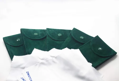 Miniatura 2 de Bolsa de reloj de terciopelo verde con inserto y paño de microfibra de primera calidad paquete de 5