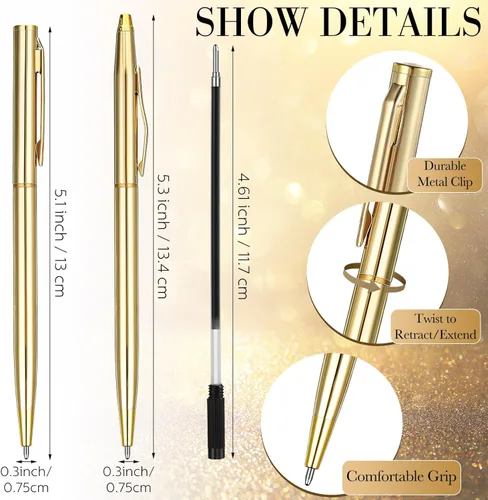 Miniatura 2 de Fuutreo Paquete de 12 Bolígrafos Dorados para Boda a Granel Bolígrafos de Metal Dorado Delgados Retráctiles con Tinta Negra Mini Cónicos