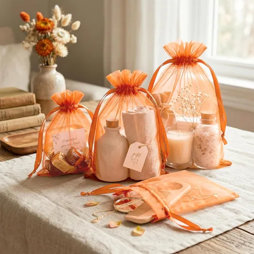 Miniatura 3 de FUNFERY 100 bolsas de organza naranja de 4 x 6 pulgadas, pequeñas bolsas de regalo con cordón de malla para bolsitas, joyas, dulces, recuerdo