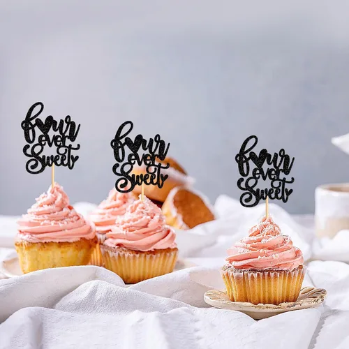 Miniatura 4 de Ercadio Paquete de 24 adornos para cupcakes y selecciones para baby shower y fiestas infantiles, decoraciones negras con purpurina