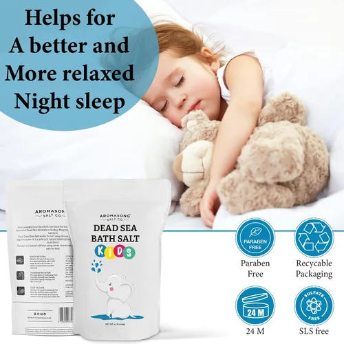 Miniatura 6 de Aromasong Sal del Mar Muerto para niños con aloe vera - Calmante, calmante y listo para dormir - Paquete resellable a granel de grano fino de 4