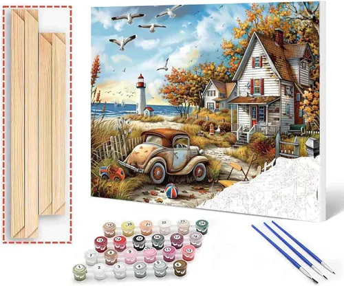 Miniatura 9 de Kit de pintura al óleo para ventana de playa, paisaje, por números, 16 x 20 pulgadas, lienzo, flores, paisaje, bricolaje, pintura al óleo para Pbn