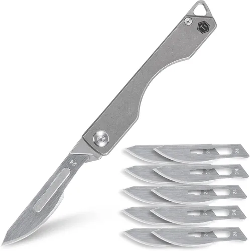 KeyUnity KK01 Cuchillo plegable de titanio, cuchillo de bolsillo EDC con hoja reemplazable #24, para caza al aire libre, campamento, pesca,