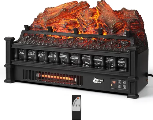 TURBRO Eternal Flame - Troncos eléctricos infrarrojos para chimenea, 23 pulgadas de cuarzo infrarrojo, calentador de leña con control remoto, cama