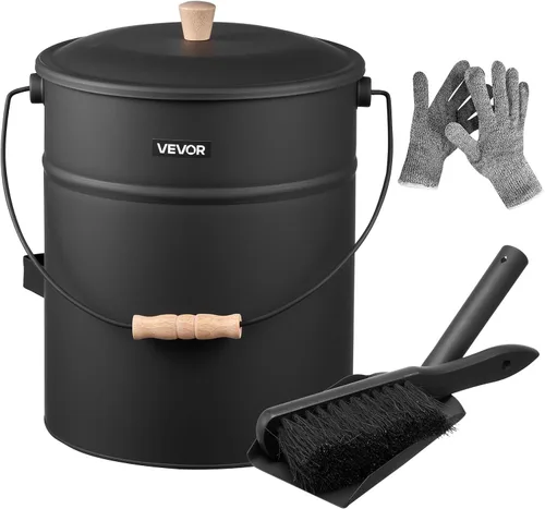 VEVOR Cubo de ceniza, 4 piezas con tapa, pala, escoba y guantes, cubo de carbón de metal para chimenea y lata de cenizas, 4 galones de gran