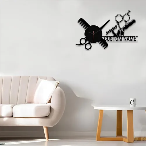 Miniatura 5 de Reloj de pared con nombre personalizado para dormitorio, sala de estar, cocina, barbería, peluquería, peluquería, herramienta de peluquería, Reloj