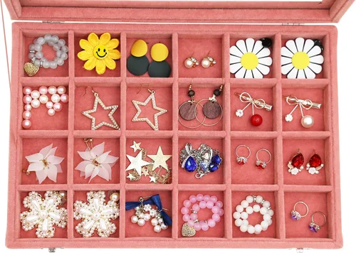 Miniatura 2 de Wudygirl Organizador de joyas, bandeja de terciopelo para joyas, caja de joyería de 24 rejillas con tapa, apilable, almacenamiento de joyas